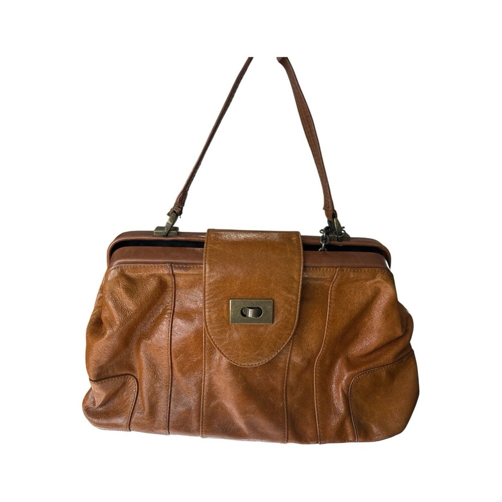 BCBG Max Azria Brown Leather Doctor Bag Frame Satchel Magnetic Flap Purse